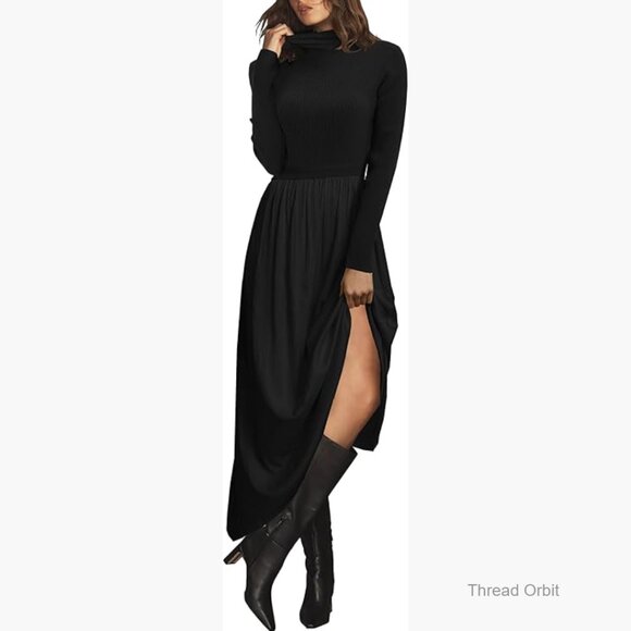 Dresses & Skirts - Ribbed Knit Mock Turtleneck Long Sleeve Pullover Maxi Dress